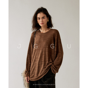 晶咕黑标JGGU 【风谷云絮】亚麻混纺针织面料老钱感柔感长袖T恤女