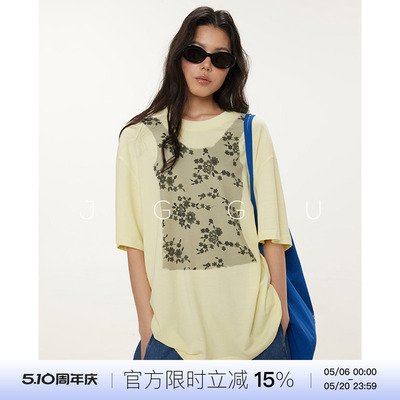 晶咕黑标JGGU【蕾丝絮语】莱赛尔棉针织面料撞色印花短袖T恤女夏