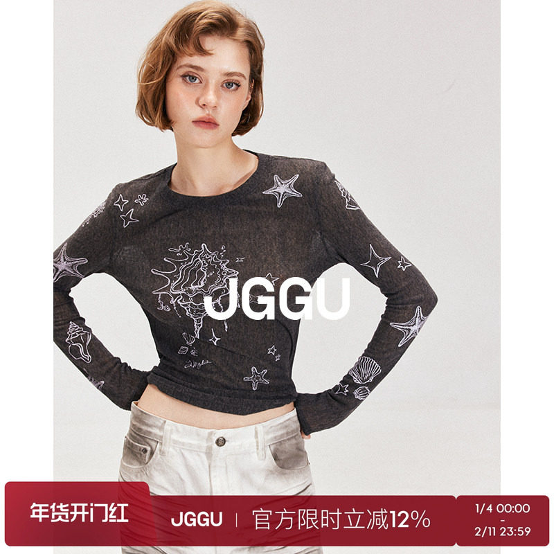 晶咕黑标JGGU【千禧街头】满印趣味气质薄透长袖t恤女小衫上衣,女装/女士精品,时尚套装,淘宝优惠券,粉丝福利购,淘宝优惠卷
