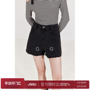 晶咕黑标JGGU【摩登时代】摩登复古水洗牛仔黑色A字版毛边短裤