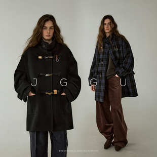 晶咕黑标JGGU【爱丁堡晨光】100%羊毛格纹呢面料复古搭扣大衣外套