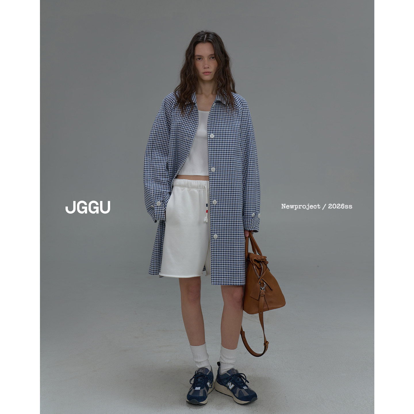 晶咕黑标JGGU【格纹浪潮】肌理格子气质中长风衣经典时尚上衣外套
