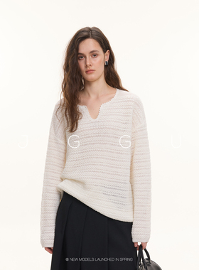 晶咕黑标JGGU 【月光手作】法式立体肌理感镂空花边领长袖针织衫