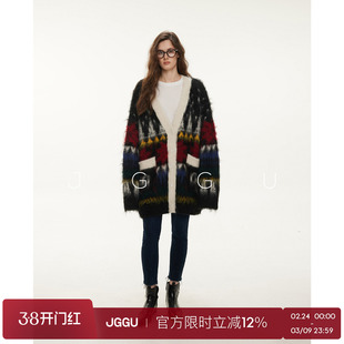 晶咕黑标JGGU【蒙德里安】羊驼毛混纺彩色大V领拉毛开衫外套女冬