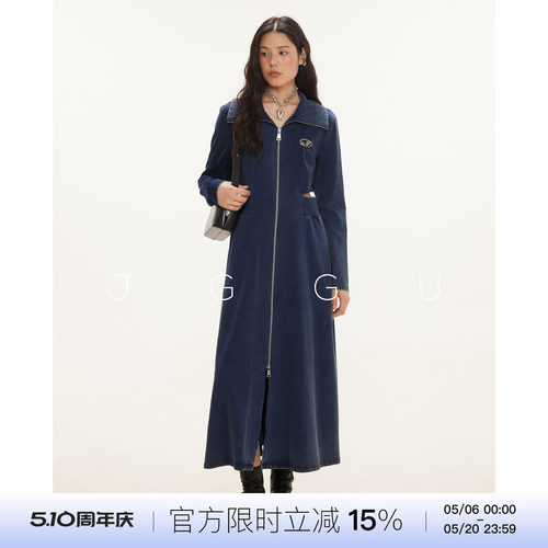 晶咕黑标JGGU【寂静之地】大码女装水洗针织牛仔拉链连衣裙女秋季