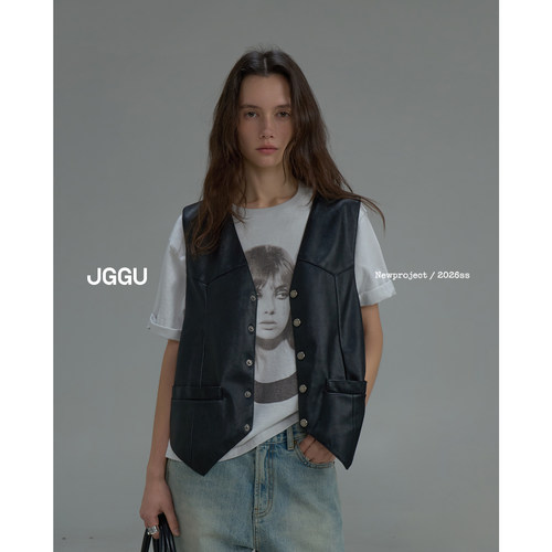 晶咕黑标JGGU【摇滚往事】酷飒时髦百搭万能皮质马甲外套显瘦上衣