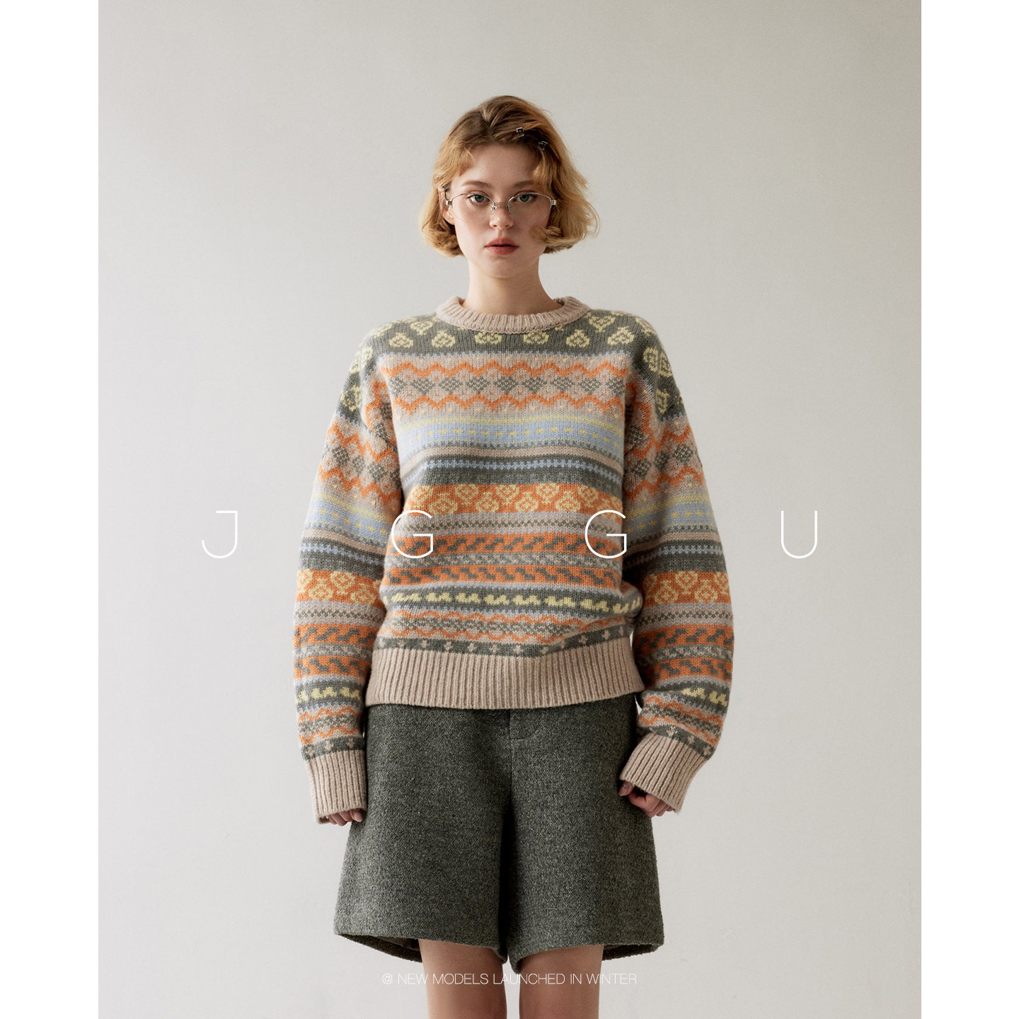 晶咕黑标JGGU【岛屿织语】费尔岛复古撞色毛衣女秋冬宽松针织衫