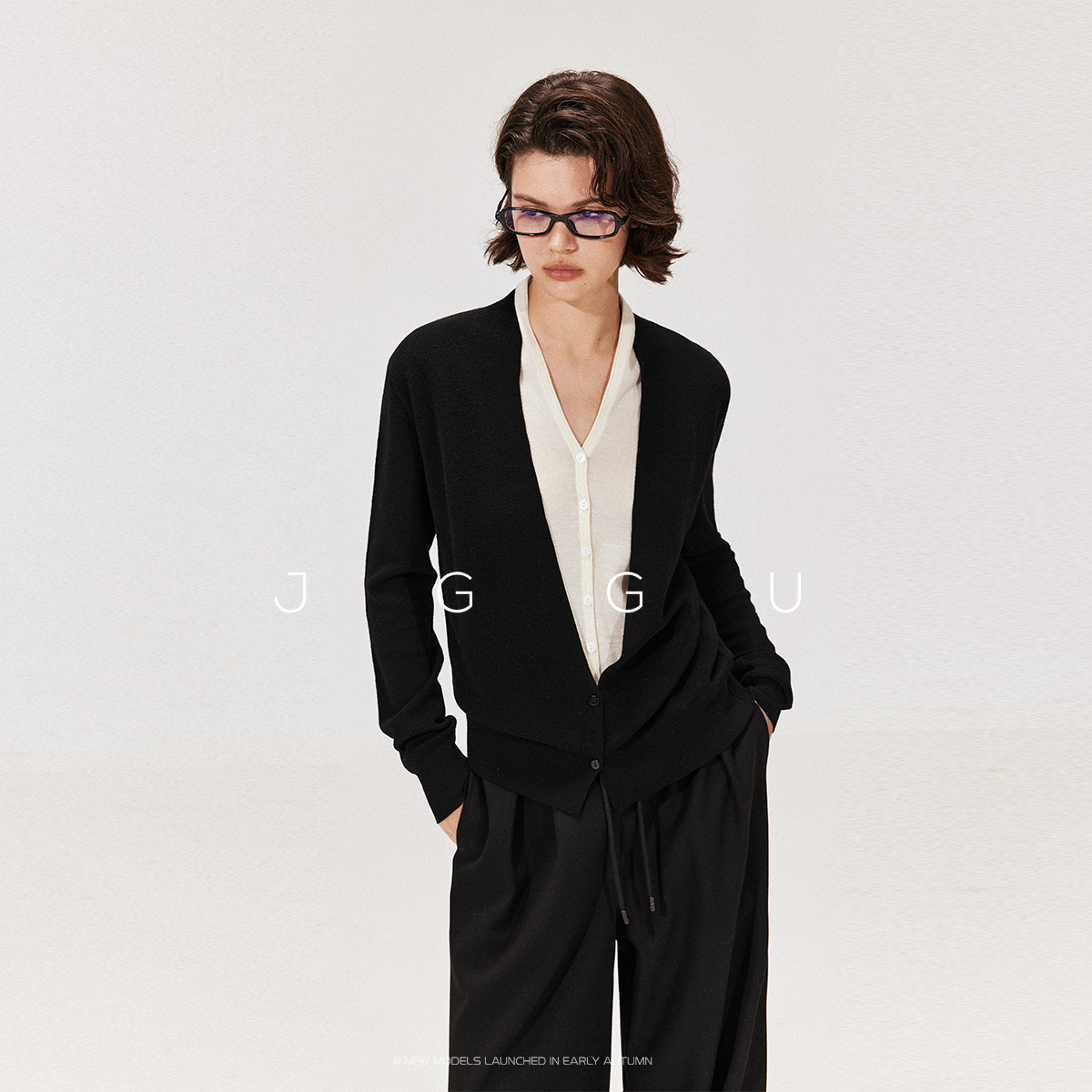 晶咕黑标JGGU100%超细美利奴绵羊毛＋扬子纱撞色针织假两件开衫