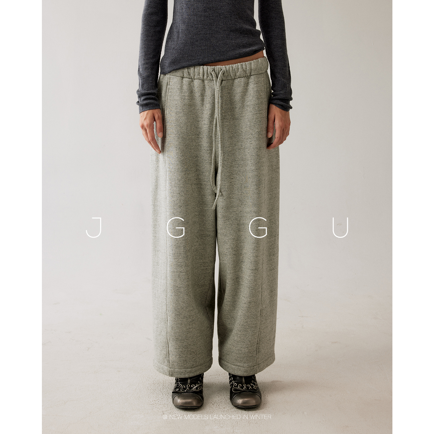 晶咕黑标JGGU【自在随享】软糯密织毛感面料全棉松紧腰抽绳阔腿裤