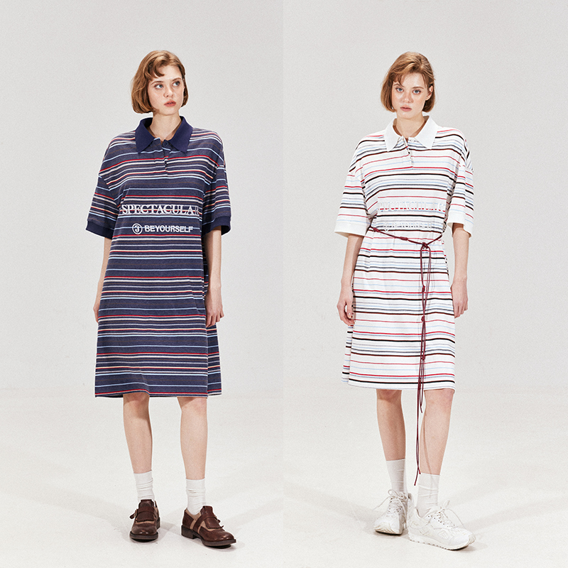 晶咕黑标JGGU Geek chic复古刺绣字母撞色七分袖女polo领连衣裙