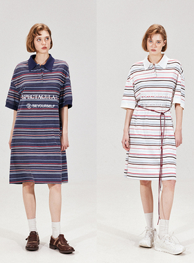 晶咕黑标JGGU Geek chic复古刺绣字母撞色七分袖女polo领连衣裙