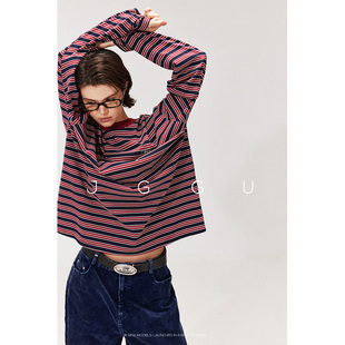 晶咕黑标JGGU摩登出位高品质原料＋色织工艺撞色条纹立体贴标T恤