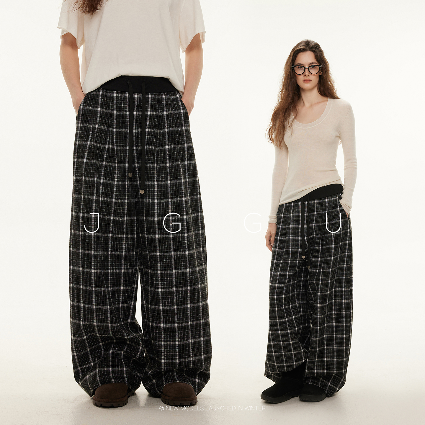 晶咕黑标JGGU【步履格律】绵羊毛混纺撞色格纹休闲抽绳毛呢阔腿裤