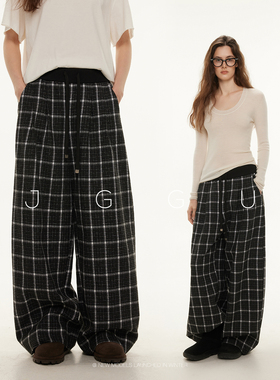 晶咕黑标JGGU【步履格律】绵羊毛混纺撞色格纹休闲抽绳毛呢阔腿裤