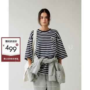 T恤女秋季 晶咕黑标JGGU 大码 进口100棉条纹五分袖 上衣 条纹诗行