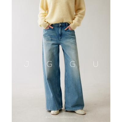 晶咕黑标JGGU【漫步旧巷】土耳其进口棉水洗蓝直筒牛仔阔腿裤女冬