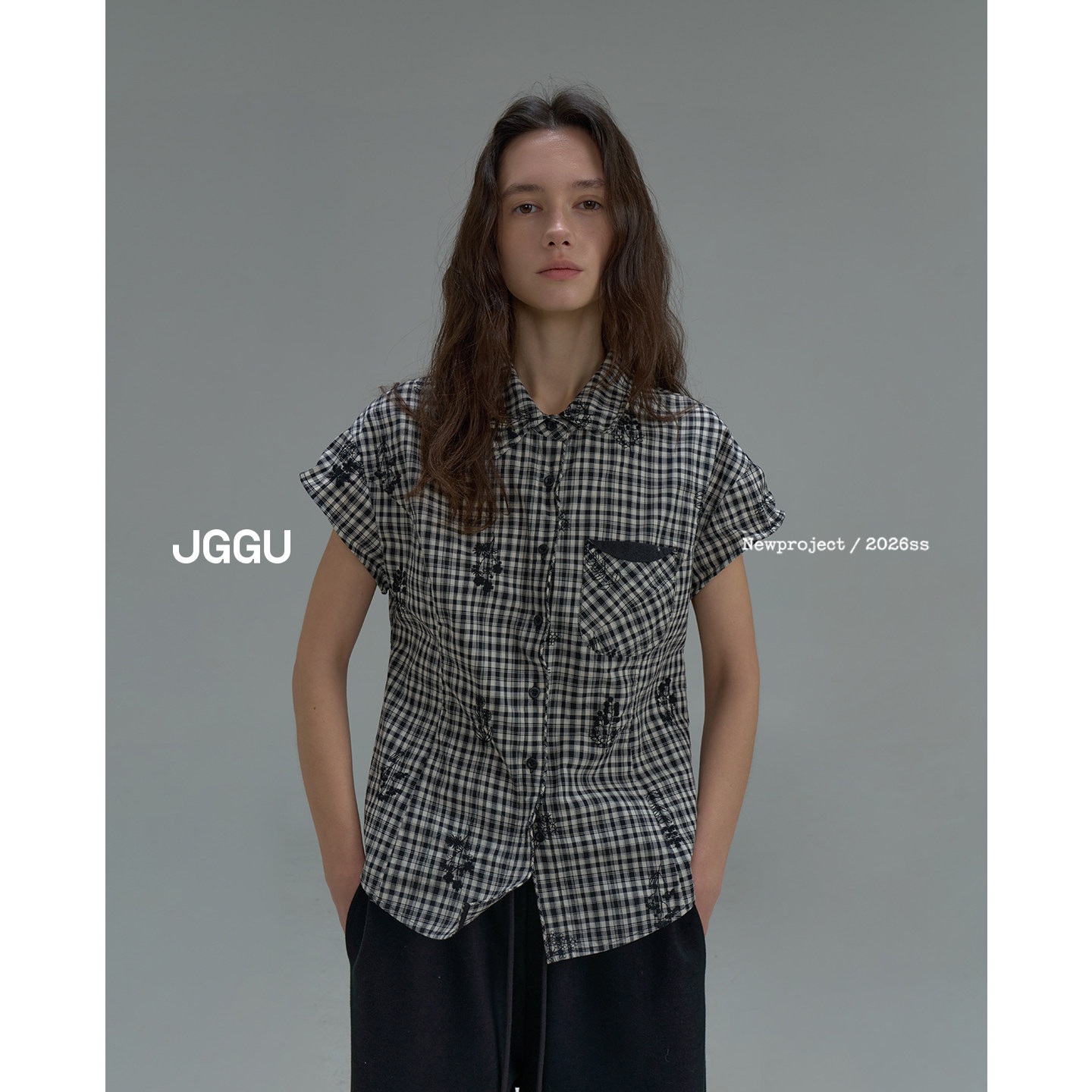 晶咕黑标JGGU【速写春光】经典复古格纹花卉刺绣衬衫减龄显瘦上衣图片