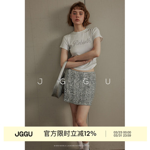 晶咕黑标JGGU金属感亮丝褶皱刺绣复古修身 小众设计感上衣 T恤夏季