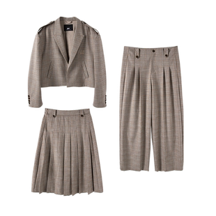 晶咕黑标JGGU重磅高支混纺tr面料定制刺绣西装阔腿裤百褶裙套装