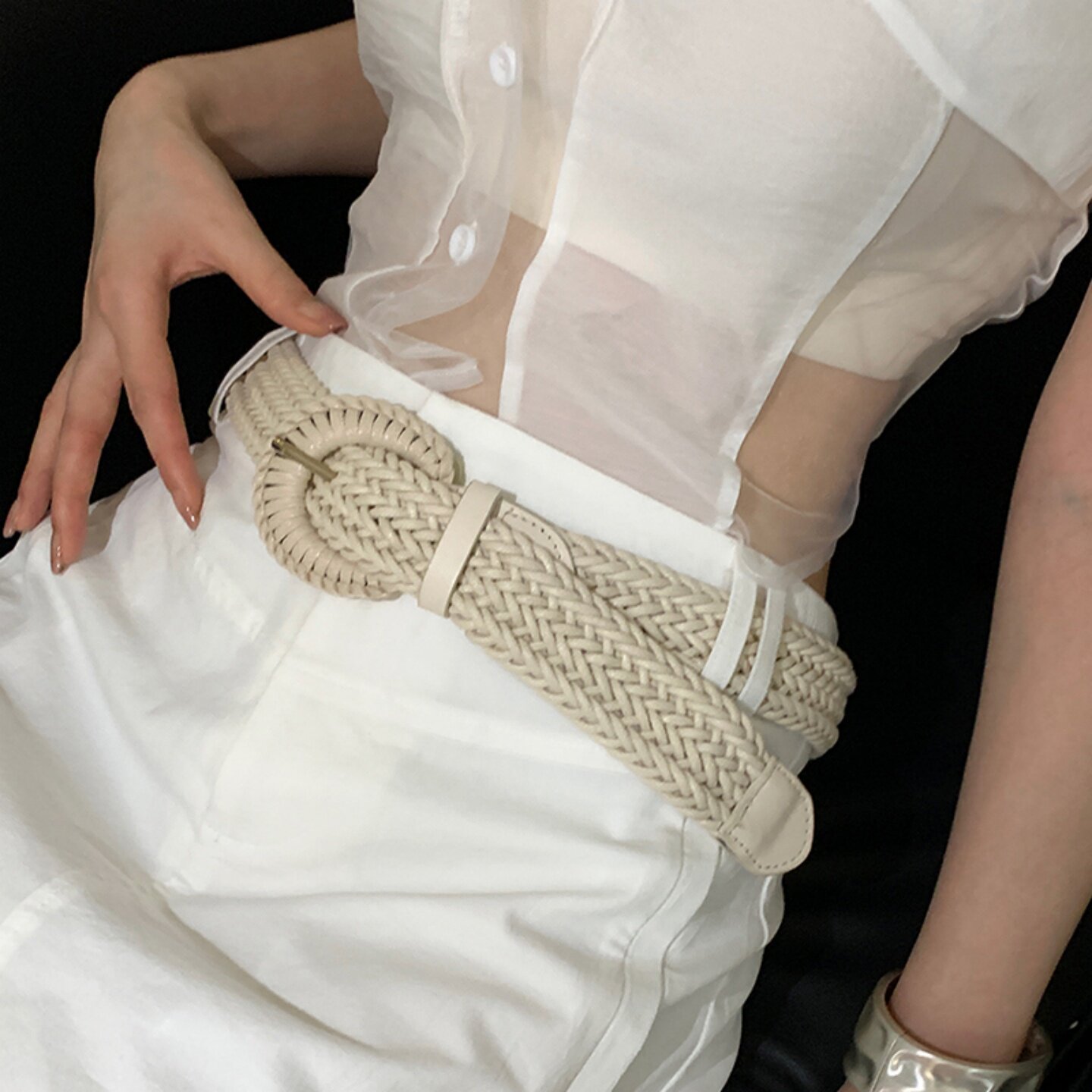 复古编织蜡麻绳针扣腰带女新款纯色简约百搭时尚民族风免打孔腰带