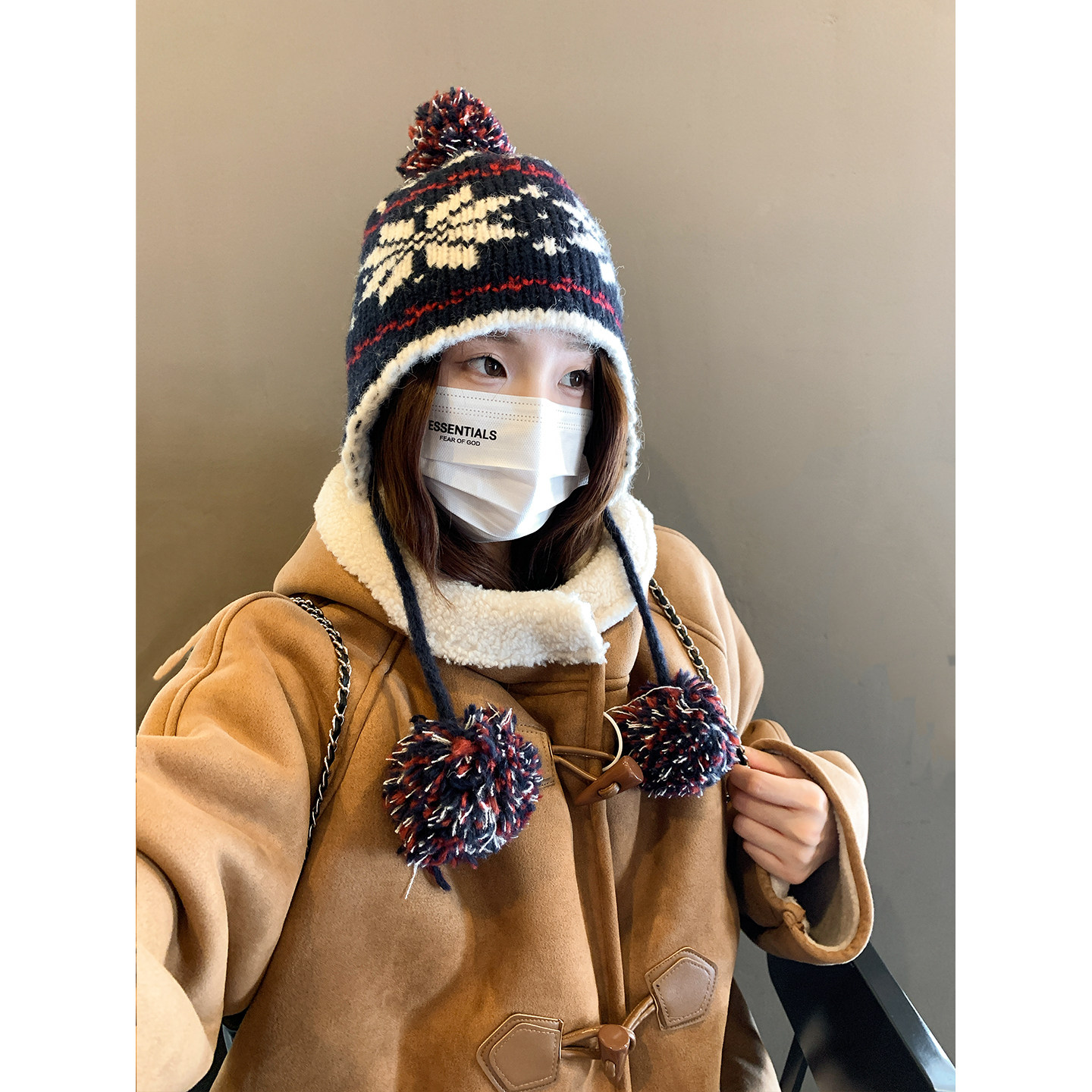 费尔岛提花针织护耳帽子女冬季复古滑雪毛球防风显脸小加厚毛线帽