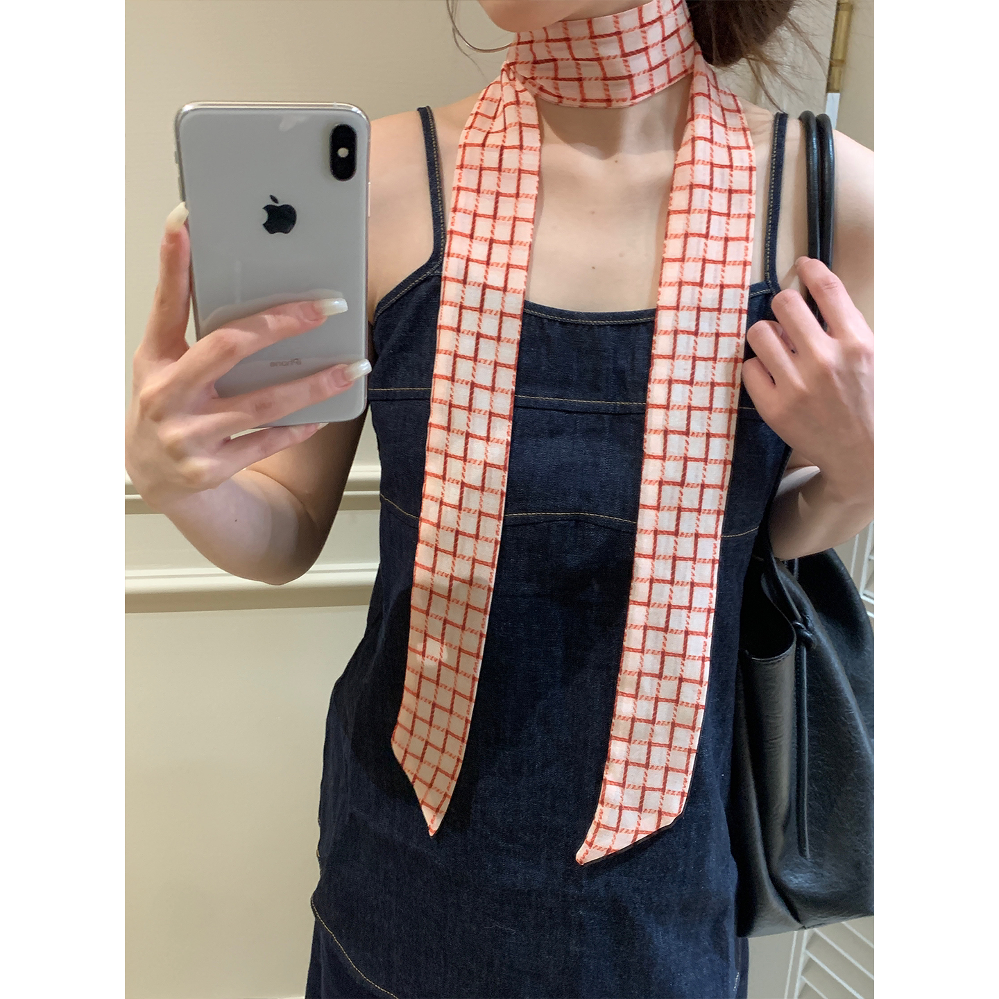 格子红色长条丝巾2026女士新款韩版时尚护颈围巾搭配百搭飘带领巾