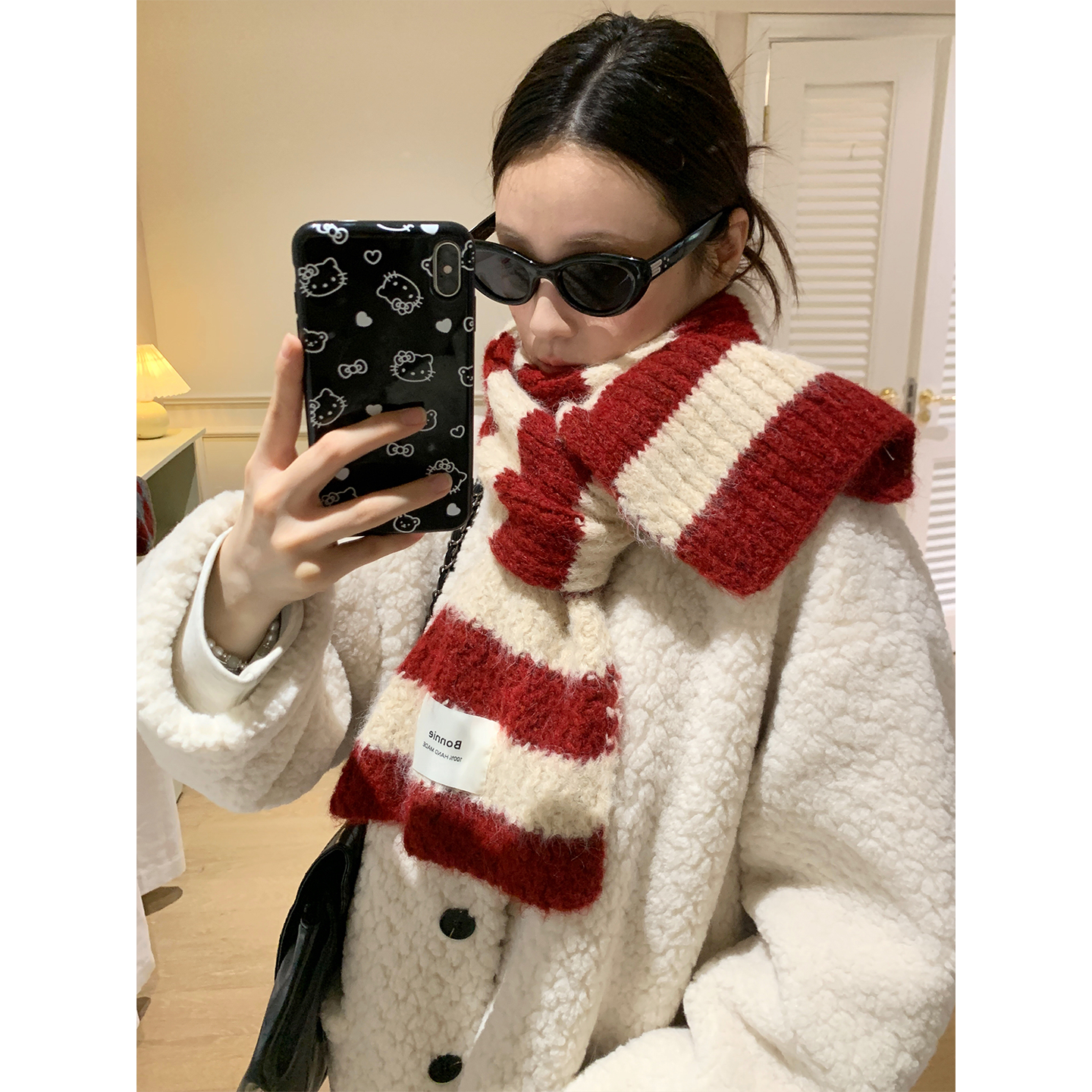 复古撞色红白条纹针织围巾