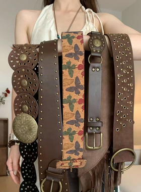 棕色美式西部废土风美拉德宽腰带女新款铆钉拼接配牛仔裤配饰腰封