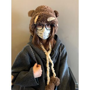 甜美可爱毛绒小熊撞色毛球包头帽女冬季保暖防风加厚护耳雷锋帽潮