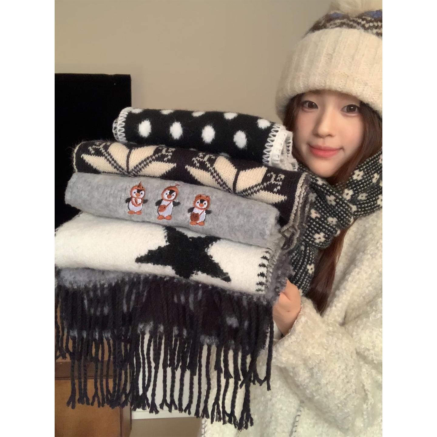 韩版冬季星星波点针织围巾