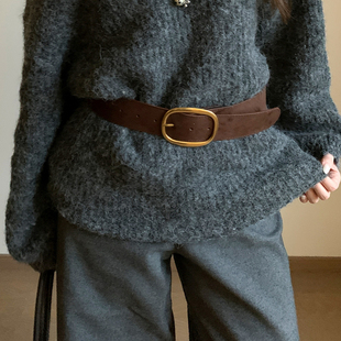 饰时尚 复古宽版 腰间高级感配毛衣装 棕色麂皮腰带女款 显瘦皮带 美式