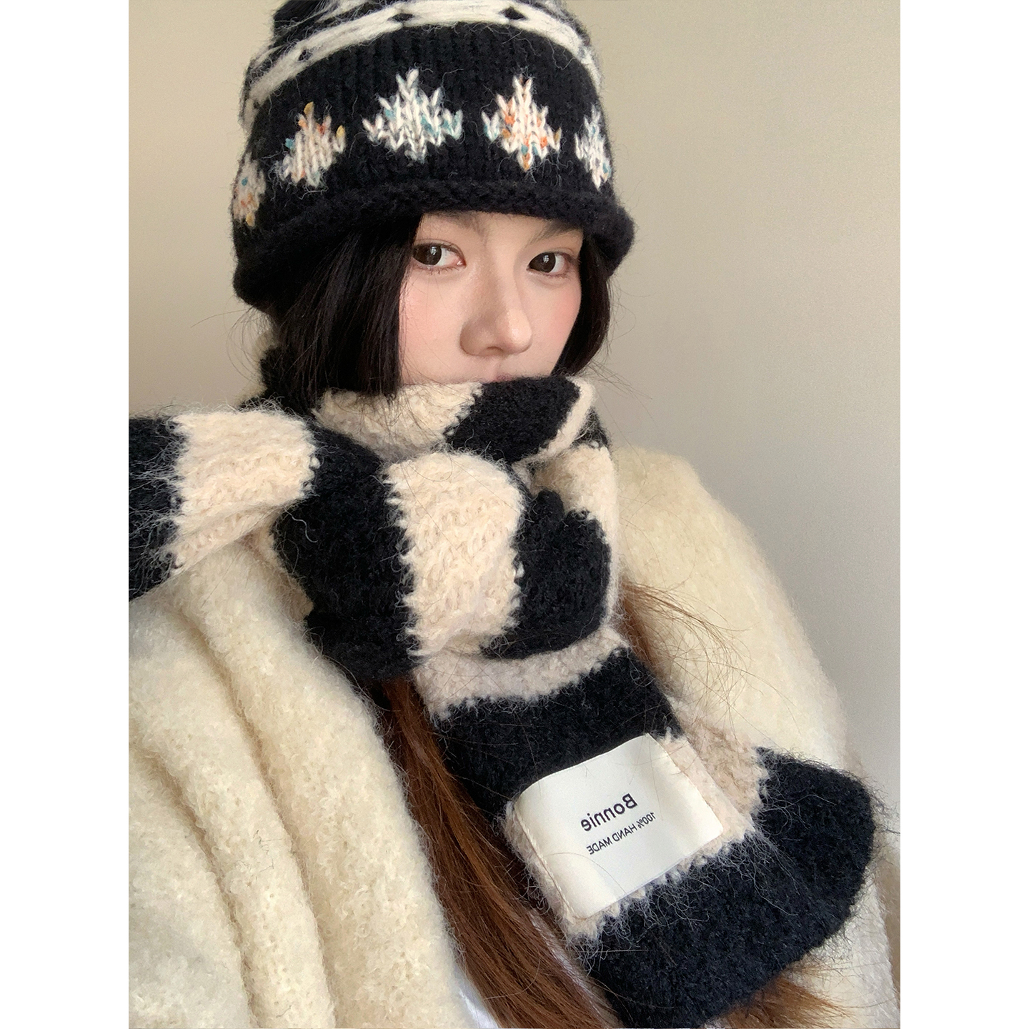 冬日拼色条纹软糯学生针织围巾