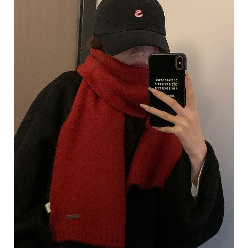 针织围巾女秋冬季2025新款纯色高级感韩版百搭保暖防寒新年礼物红