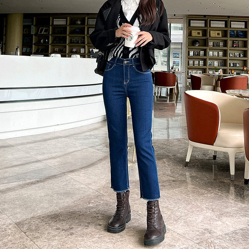 深蓝色窄版小直筒牛仔裤女高腰
