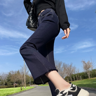 不掉色牛仔面料高腰微喇裤女
