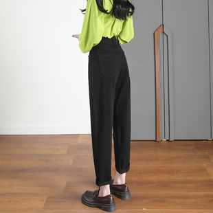 小个子冬加绒牛仔哈伦裤 大码 女高腰显瘦宽松2024年新款 黑色老爹裤