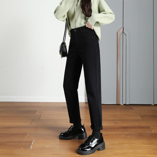 子哈伦裤 遮肉梨形身材裤 女松紧腰直筒翻边2023新款 黑色老爹牛仔裤