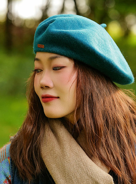 日系石原里美蓝色羊毛呢贝雷帽女秋冬显脸小百搭复古气质画家帽子