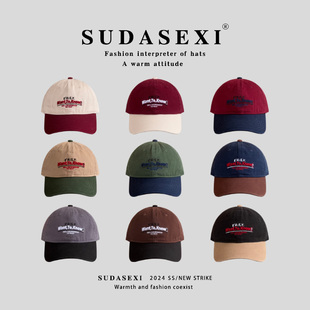 素单舍西美式 复古拼色棒球帽女男宽檐软顶字母刺绣百搭遮阳鸭舌帽