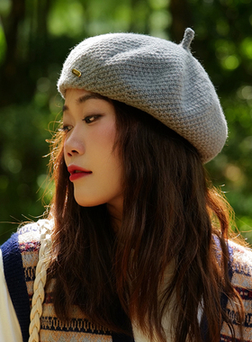 韩系灰色针织贝雷帽女秋冬季显脸小圆顶纯色南瓜帽文艺毛线画家帽