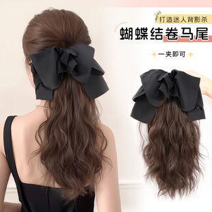 蝴蝶结抓夹假发水波纹短卷发马尾低扎蓬松超轻仿真发高扎假发辫子