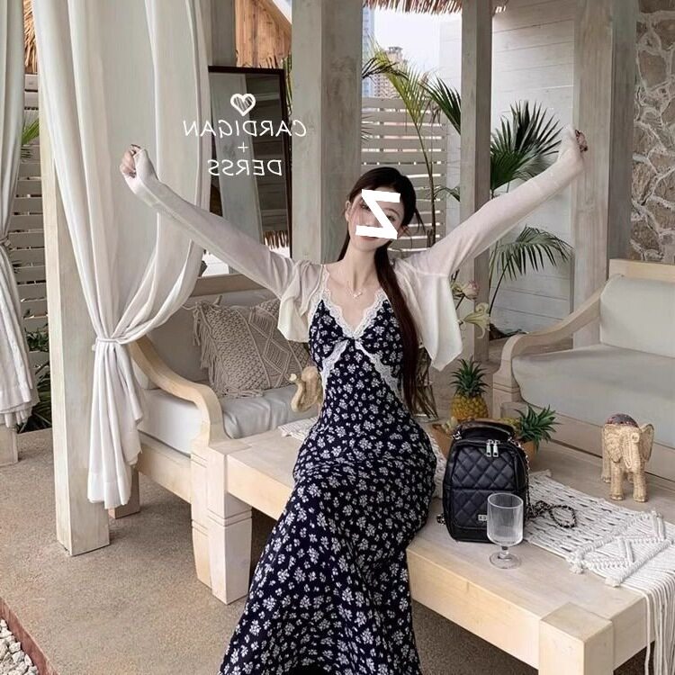 蕾丝拼接v领红色碎花吊带连衣裙女2025夏季多巴胺掐腰露背长裙子