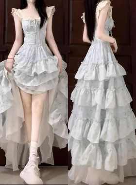 2025新款气质蕾丝小飞袖连衣裙女仙女夏季感甜美收腰显瘦蛋糕裙子