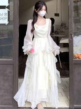 气质连衣裙收腰荷叶边仙气长裙修身裙子米白色长袖海边度假沙滩裙