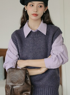 女式衬衣马甲套装2025春季新款设计感香芋紫长袖衬衫针织背心