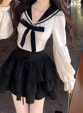 学院风韩版新款甜美蝴蝶结海军长袖上衣收腰蛋糕显瘦半身裙套装女