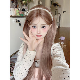 一口喵假发女夏季 玫瑰粉金长直发自然日常小额蕾丝网红全头套 新款