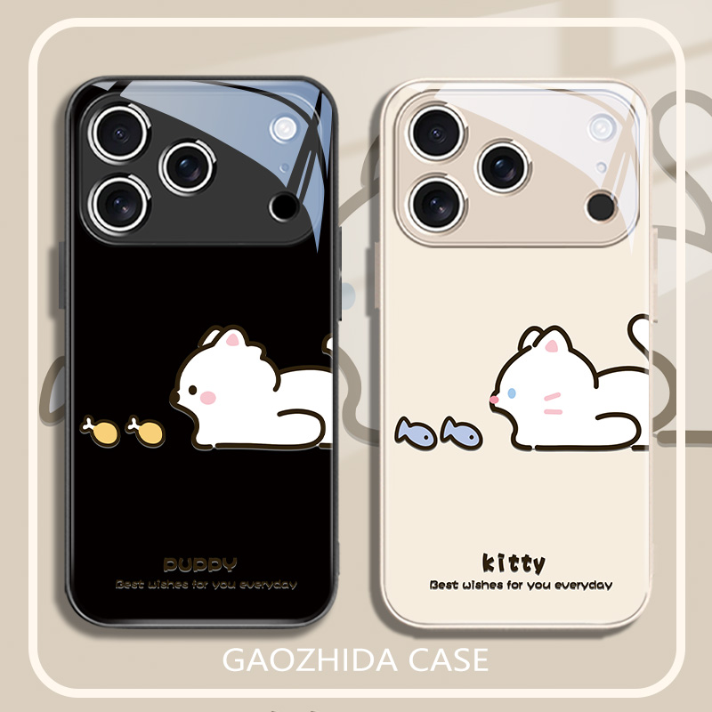 适用苹果可爱卡通小猫手机壳玻璃