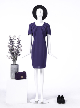 靓诺雪青色拼窄条蕾丝半袖连衣裙夏季新款简约时尚显瘦LL15262A