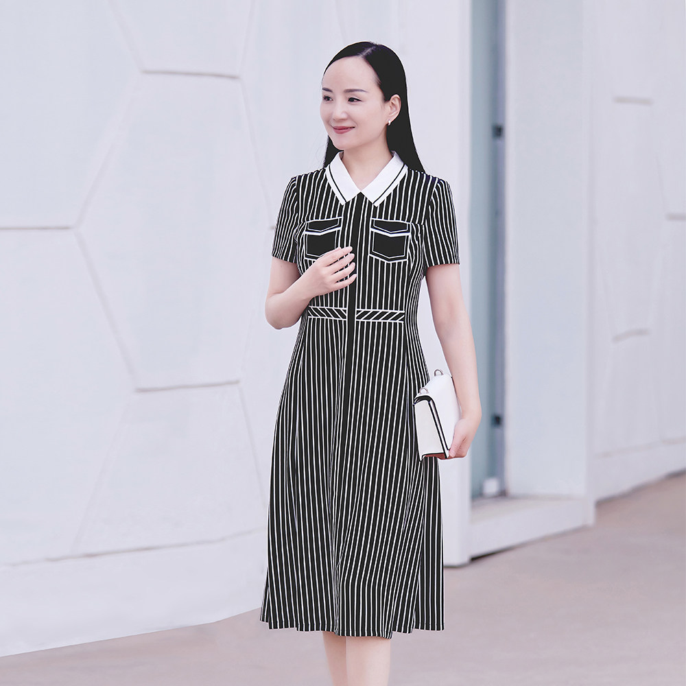 [商场同款]靓诺黑白条纹装饰兜裙子女中长款优雅淑女裙NL20257A